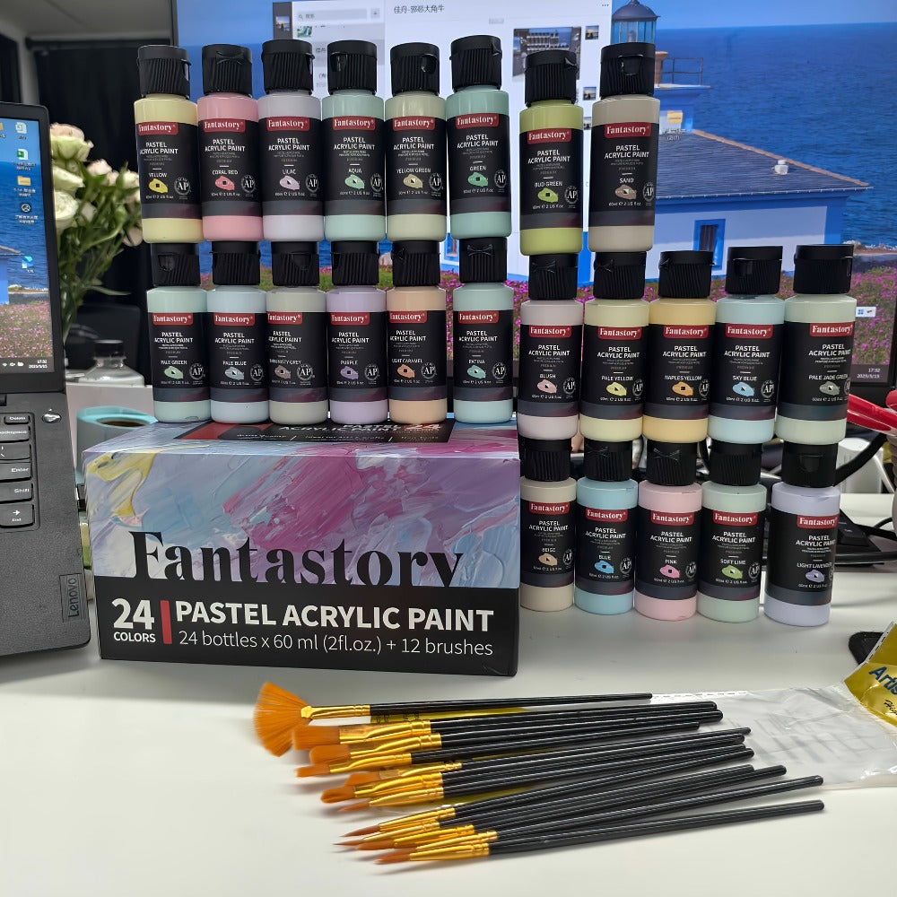 Set de pinturas acrílicas iridiscentes Fantastory, 24 colores iridiscentes (2 oz), kit de pintura profesional para manualidades, lienzo, roca, piedra, cerámica, maqueta, pintura sobre madera con 10 pinceles, decoración de Halloween, otoño, Navidad