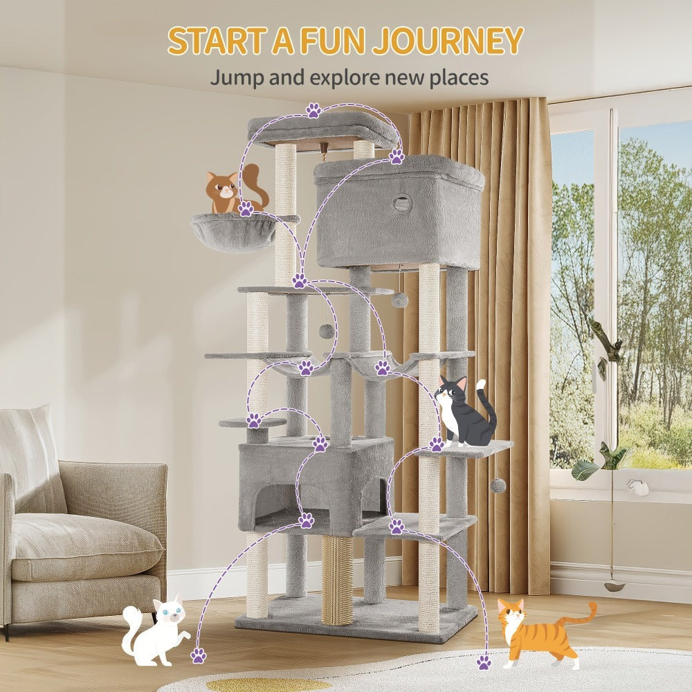 Poste Rascador para Gatos 200cm XXL, Incluye 10 Postes Rascadores, 2 Camas para Gatos, 2 Hamacas, Plataforma Grande, Cepillo para Gatos, Cesta, Árbol para Gatos de Alta Resistencia, Adecuado para Maine Coons y Gatos Grandes, Gris Claro, Gris Oscuro, Beige