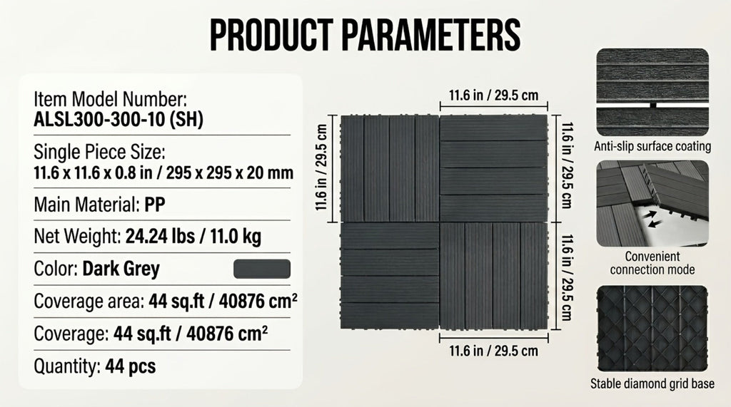 44 piezas de baldosas de composite para terraza exterior de 29.97 X 29.97 cm, pisos entrelazados para terraza, baldosas de piso de terraza rápidas, pisos impermeables para patio, balcón, jardín y exteriores, 44 baldosas por caja de 43.05 pies cuadrados, 1
