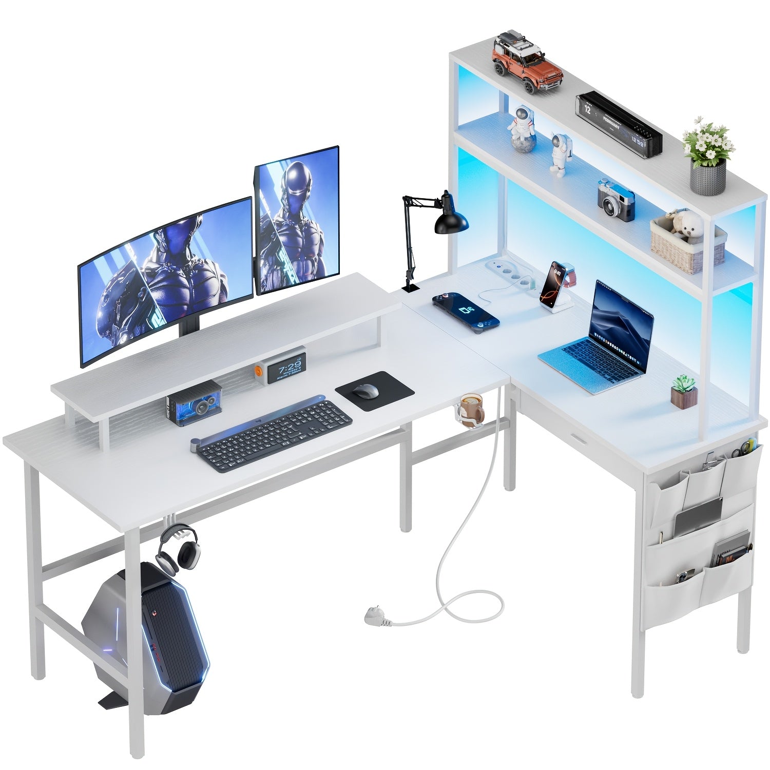 Escritorio de Esquina Reversible para Juegos con Toma de Corriente, Escritorio en L con Esquina Abatible, Escritorio Ergonómico con Estantes de Almacenamiento, Cajones y Bolsas, Escritorio de Esquina con Soporte para Monitor, Oficina en Casa