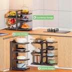 Un estante para ollas robusto con características ajustables y 7 niveles diseñado para guardar ollas, ideal para gabinetes y versátil para usar en encimeras de cocina así como en gabinetes