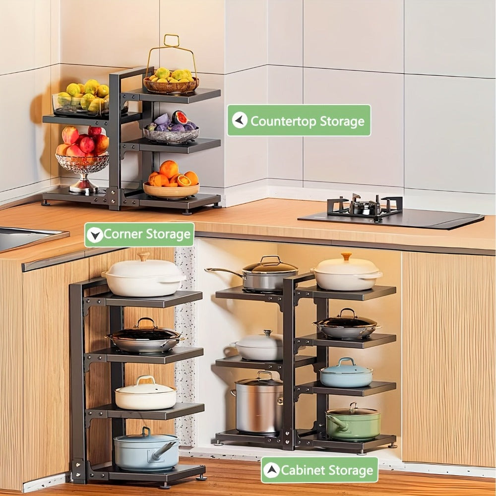 Un estante para ollas robusto con características ajustables y 7 niveles diseñado para guardar ollas, ideal para gabinetes y versátil para usar en encimeras de cocina así como en gabinetes
