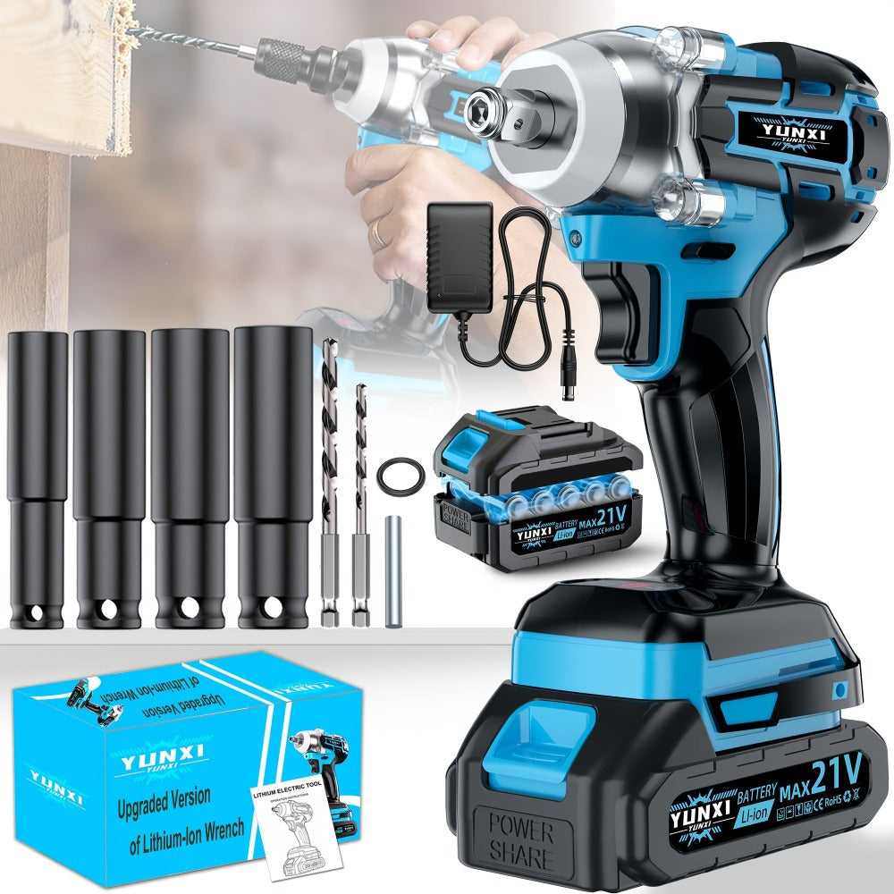 Juego de Llave de Impacto Inalámbrica, Empuñadura Ergonómica, Motor sin Escobillas, Herramienta Multifuncional, Batería Opcional, Cargador Rápido, Accesorios de Enchufe, Caja de Almacenamiento, Ideal para Mantenimiento Automotriz y Proyectos de Hogar