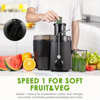 Licuadora de 400W con un gran conducto de alimentación para frutas y verduras enteras, fácil de limpiar, diseño centrífugo de acero inoxidable, base antideslizante, extremo plateado