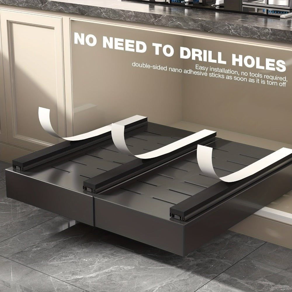 Juego de 4 organizadores extraíbles para gabinetes, cajones extensibles y ajustables (32.0cm-52.07cm de ancho), instalación sin taladro con adhesivo fuerte, estante deslizante de acero al carbono inoxidable, capacidad de carga de 27.22 kg
