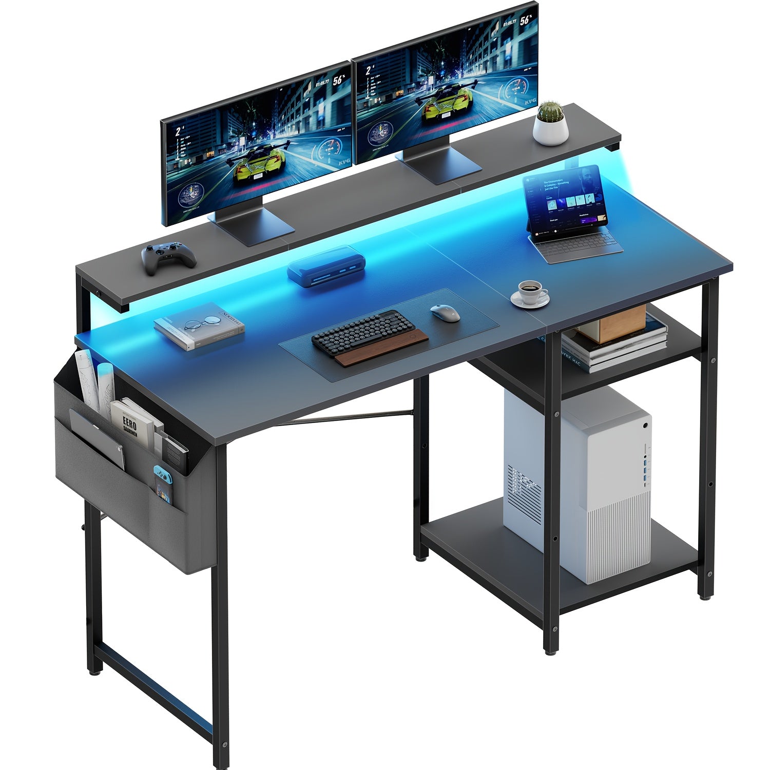 Escritorio FRODROVIA con Luz LED y Estante Ajustable en Altura, Escritorio para Oficina en Casa con Soporte para Monitor, Escritorio de Esquina con Bolsa de Almacenamiento Grande para Oficina en Casa, Estudio, Regalos de Navidad/Acción de Gracias