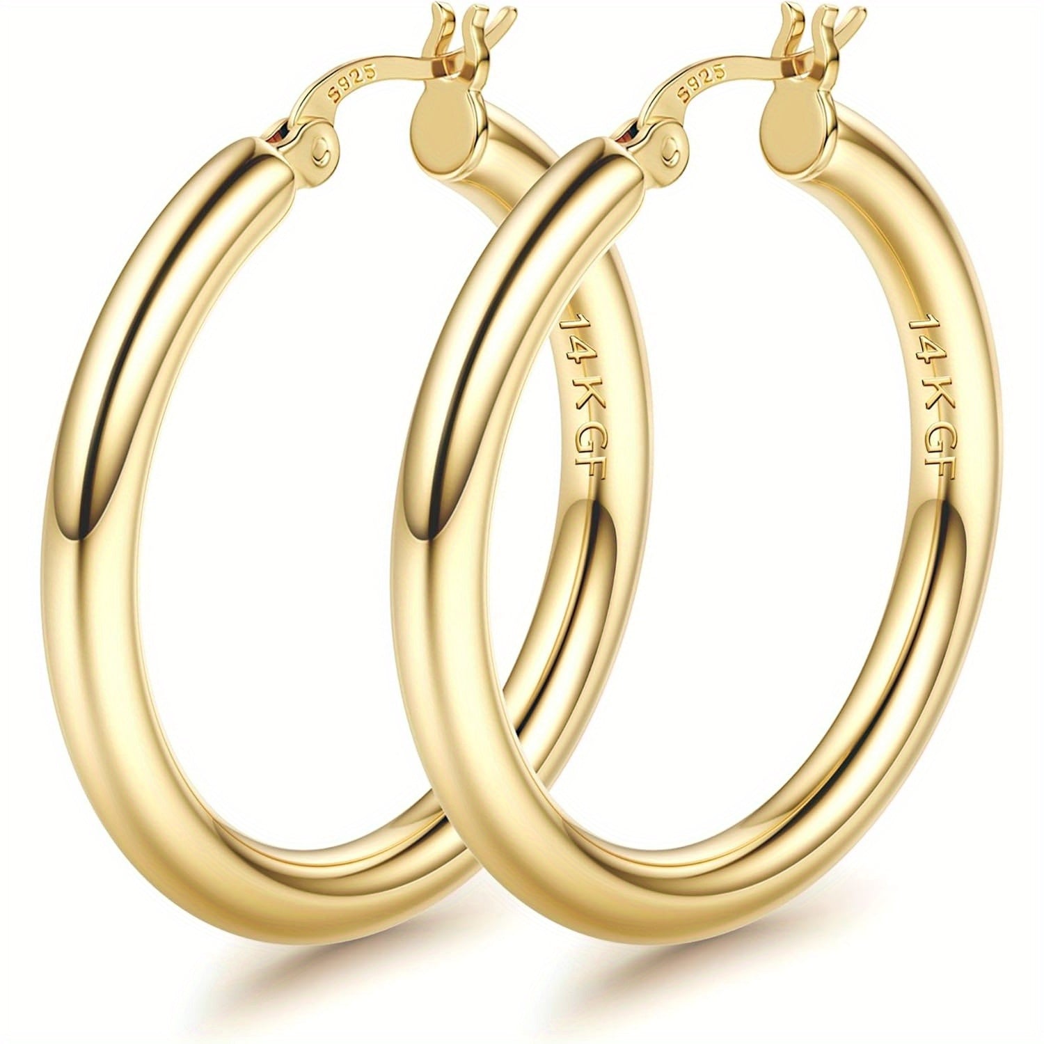 Pendientes de aro plateados de oro de 14K para mujer con poste de plata 925, aros huecos de 4 mm de grosor, aros dorados, aros grandes dorados hipoalergénicos y ligeros de 25/30/40/50/60/70 mm