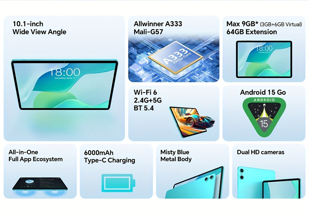 Tabletas Android | Teclast P33 Tablet de 10.1 pulgadas IPS, 9GB (3+6GB Virtual) RAM, 64GB ROM, Android 15, WiFi6, Batería de 6000mAh, Carga