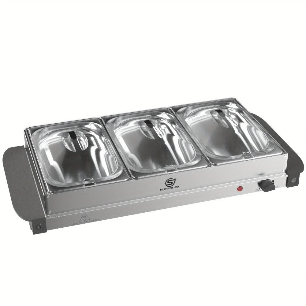 SUPERLEX Servidor Eléctrico de Bufé con Calentador de Comida, que Cuenta con Tres Ollas de 1.5L, un Diseño Espacioso de Acero Inoxidable, una Placa Caliente con Tapas Desmontables, Ajustes de Temperatura Ajustables y un Bandeja de Calentamiento Portátil p