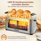 Tostadora de Pan 1400W, Tostadora de Acero Inoxidable, Pantalla Táctil LCD, 2 Ranuras Anchas para Tostadas, Tostadora de 4 Rebanadas, 7 Niveles de Marron, con Calentador de Rosquillas, Bandeja de Salpicaduras Extraíble