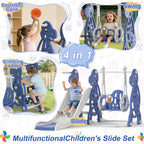 Tobogán infantil 4 en 1, tobogán con columpio y canasta de baloncesto, longitud del tobogán 145 cm, parque infantil multifuncional, para uso en interiores y exteriores, con peldaños y soportes extra anchos