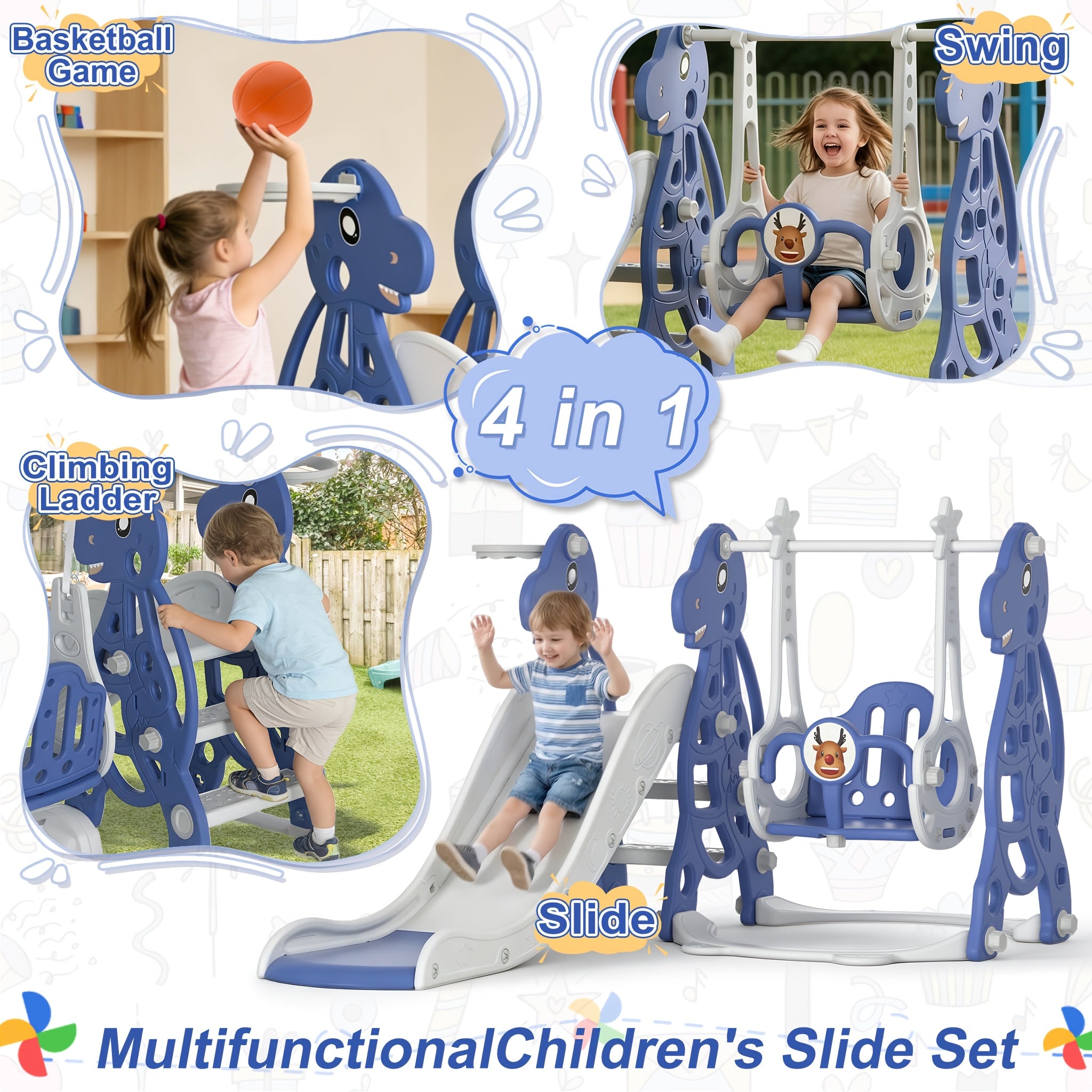Tobogán infantil 4 en 1, tobogán con columpio y canasta de baloncesto, longitud del tobogán 145 cm, parque infantil multifuncional, para uso en interiores y exteriores, con peldaños y soportes extra anchos