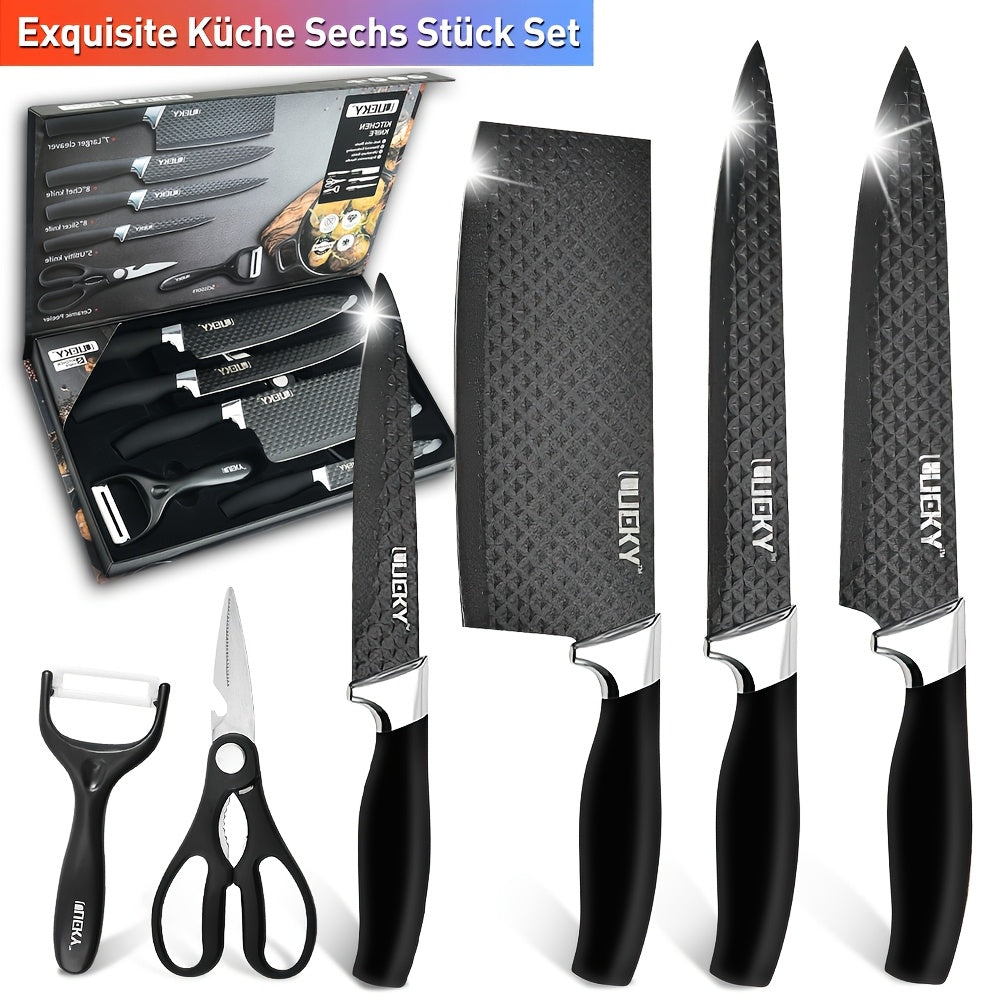 Este juego de 6 cuchillos de cocina presenta varios tamaños, hojas de acero inoxidable ultra afiladas y mangos marrones duraderos, lo que lo hace ideal tanto para uso en la cocina como para acampar al aire libre. Viene en una caja de regalo, lo que lo con