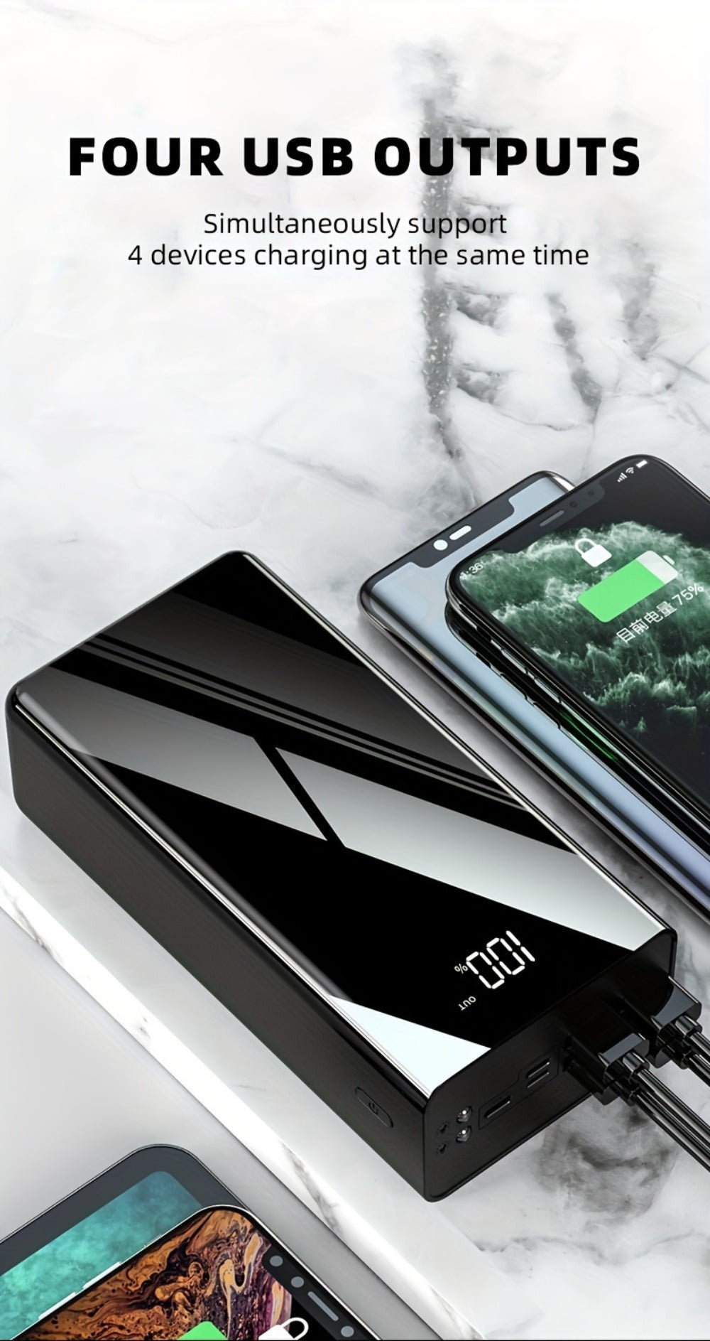 Cargador USB Rápido de Gran Capacidad 50000Mah con Pantalla LED, Linterna y Reserva de Energía de Emergencia - Luz de Camping para Exteriores para iPhone, Android y Dispositivos Digitales, Regalo de Vacaciones