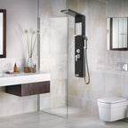 Panel de ducha con accesorios, sistema de ducha 5 en 1 con estante incorporado, juego de ducha multifuncional que incluye ducha de mano, ducha de masaje, ducha de cascada, accesorio de ducha de lluvia, juego de ducha de acero inoxidable 304
