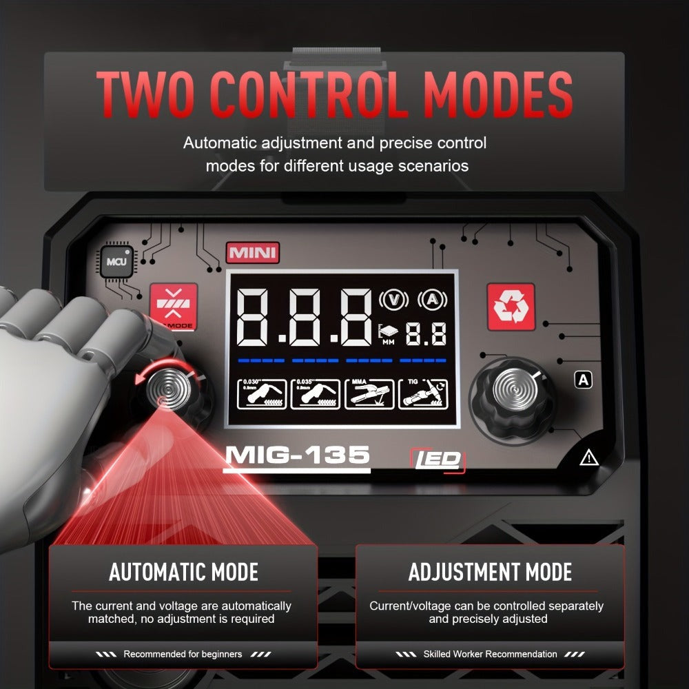 ANDELI 135Amp Máquina de Soldar MIG Flux Mig/Lift Tig/Stick 3-En-1 230V Portátil Sin Gas Multiproceso Soldadora Pantalla Digital LED Máquina de Soldar Inversor IGBT con Soplete Tig