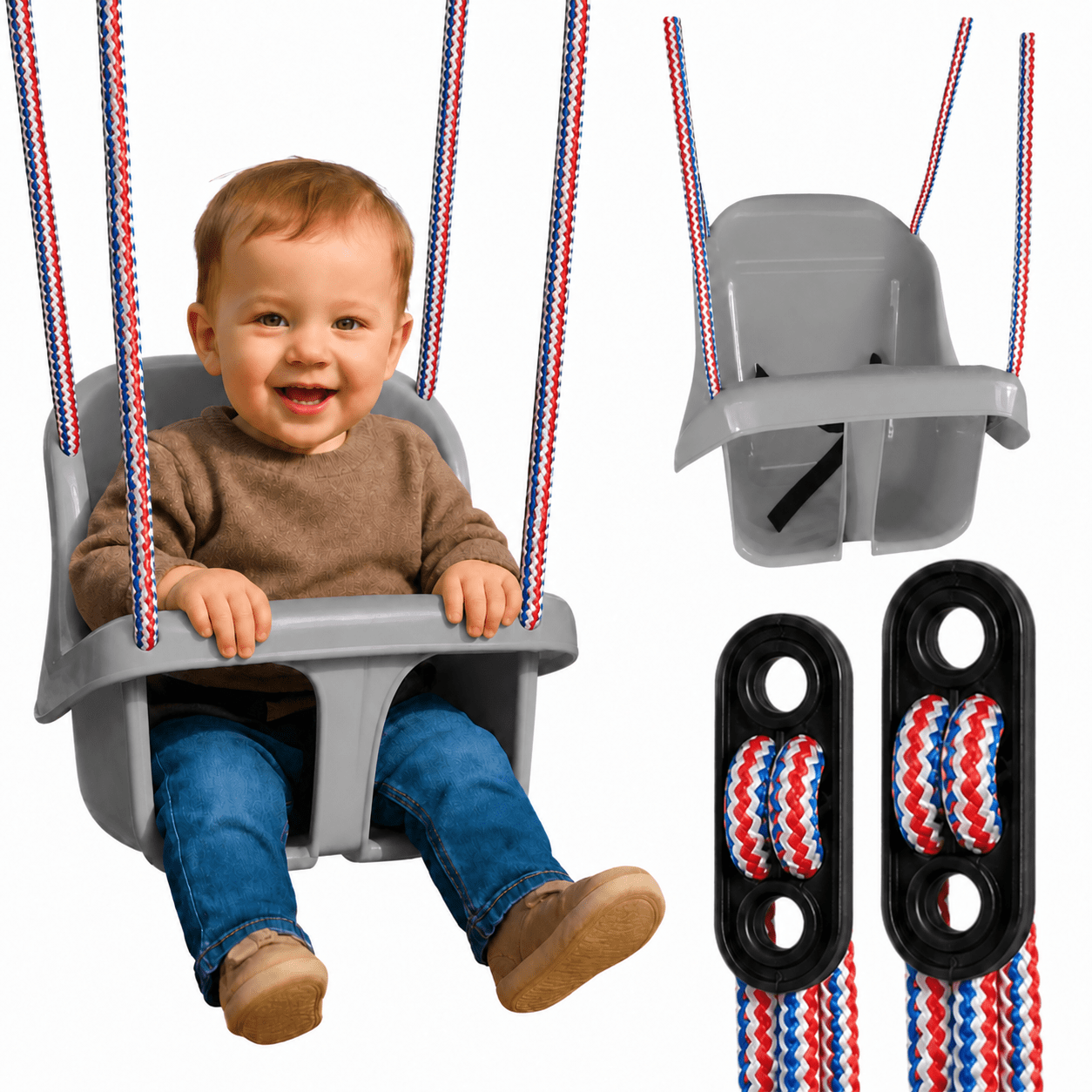 Colgacama tipo cubo para niños con cinturón de seguridad y cuerdas ajustables, asiento con respaldo alto y protección lateral, polipropileno duradero resistente a las condiciones climáticas y radiación UV, colgacama fácil de limpiar para el jardín, terraz