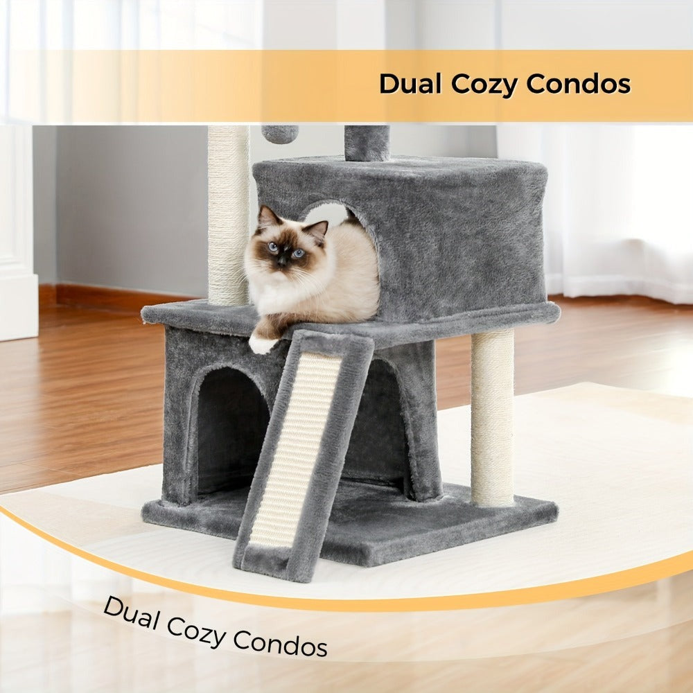 Árbol para Gatos Deluxe Pawz Road con Poste Rascador de Cuerda de Sisal - Condominio Multinivel de Peluche y Casa de Juegos, Muebles Duraderos para Gatos Pequeños a Medianos, Incluye Bolas Colgantes y de Pie, Muebles para Gatos