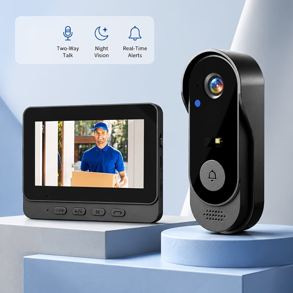 Timbre de video sin varillas con pantalla de 4.3 pulgadas, kit de cámara de seguridad para timbre sin varillas que incluye visión nocturna, intercomunicador bidireccional, grabación de imágenes y vídeo, almacenamiento ampliable con tarjeta SD, apto para v