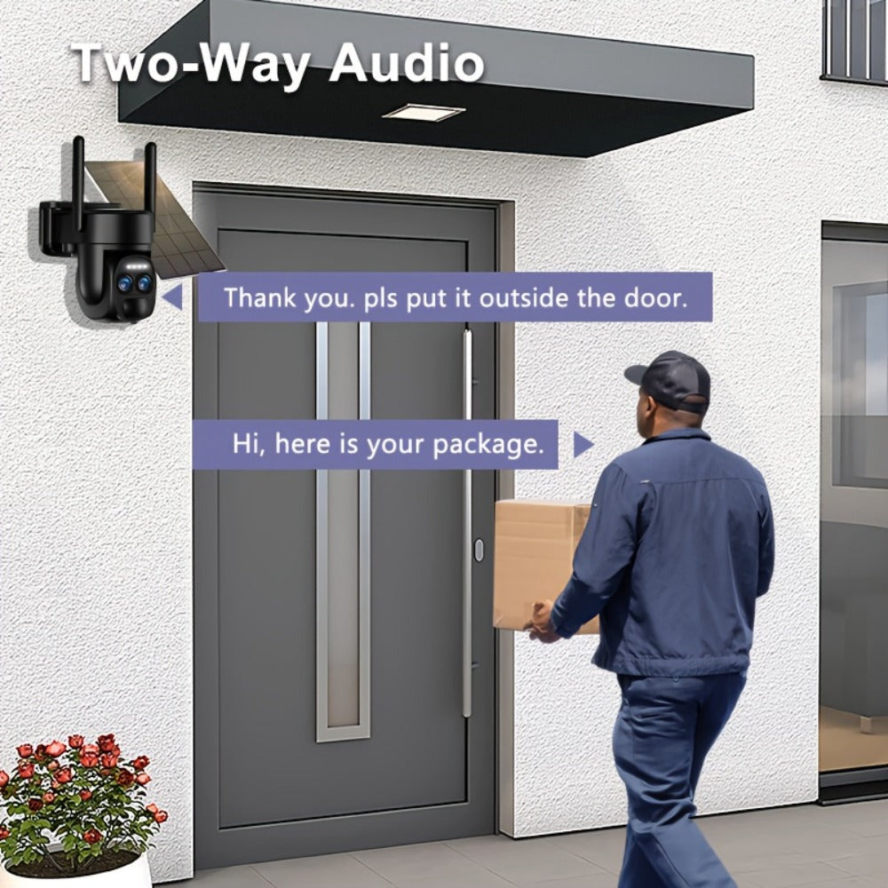 [Zoom 10x] Cámara de seguridad de exterior de 4MP con zoom automático de doble lente, más clara a distancia, cámara de alta definición 2K con panel solar, sistema de monitoreo PTZ de doble lente, foco deportivo WiFi 5G, visión nocturna en color, llamada b