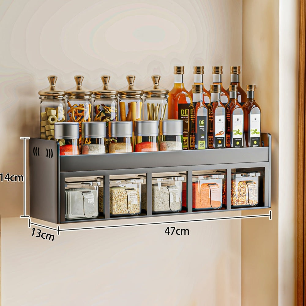 Organizador de especias de acero inoxidable para pared de 5 rejillas con 5 frascos de especias, organizador de almacenamiento de cocina multifuncional, organizador de especias de acero al carbono, instalación sin taladro, almacenamiento de cocina multi-co