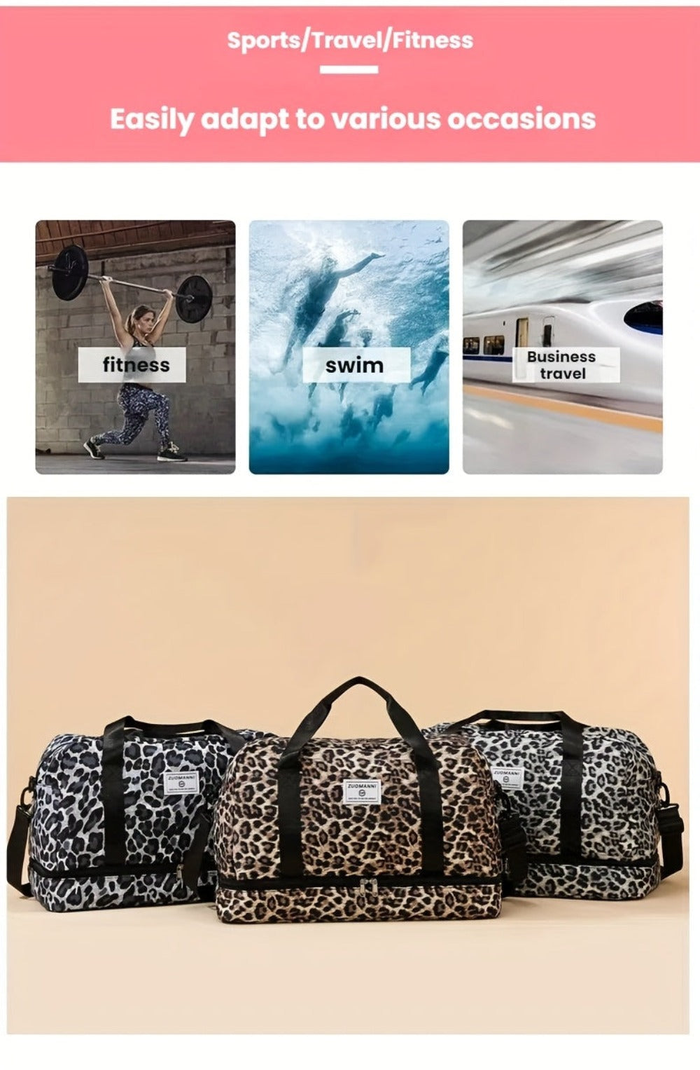 Maleta moderna con estampado de leopardo y amplio espacio, con compartimento separado para zapatos, correa de hombro ajustable, ideal para el gimnasio, yoga y escapadas de fin de semana, así como actividades de ocio y camping al aire libre