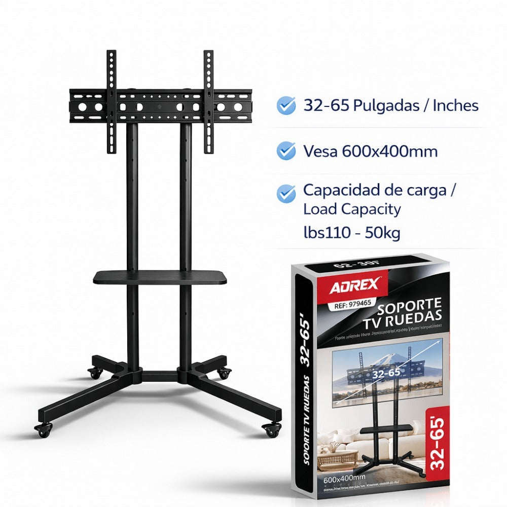 AOREX Soporte TV Ruedas para TVs de 32 a 65 Pulgadas de LED, LCD, OLED Planos y Curvos, Soporte TV Pie con Ruedas Móvil con Inclinación y Estante para Medios, hasta 50 kg, Máx. VESA 600x400mm