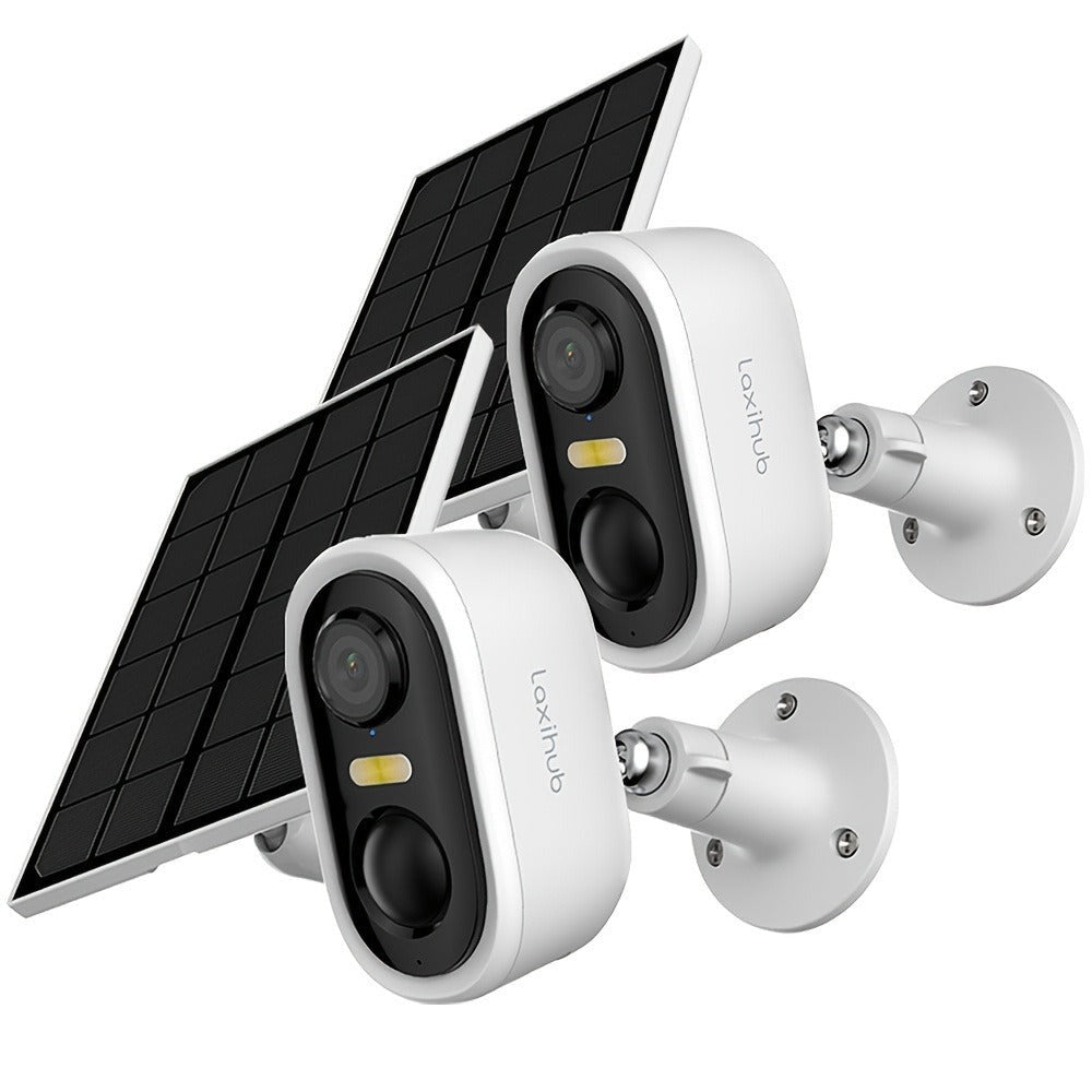Cámara de seguridad inalámbrica con panel solar para exteriores LaxiHub, visión nocturna FHD de 3MP, foco, batería sin cables de 5200mAh, detección humana PIR, audio bidireccional, almacenamiento en tarjeta SD/nube, cámara de visión nocturna a color, cáma