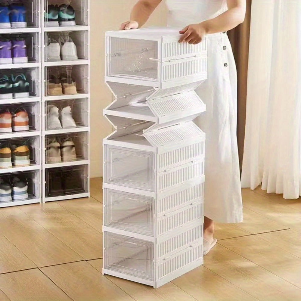 Cajas de zapatos apilables, contenedores de almacenamiento de plástico grueso de 6/9 niveles – Estante de zapatos plegable y abatible con diseño de tapa abatible, no requiere montaje, diseño vertical que ahorra espacio, apto para zapatillas/botas/tacones