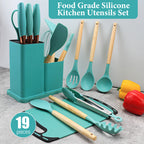 Juego de 19 piezas, Cuchillo de cocina, Juego de cocina, Juego de utensilios de cocina (Con mangos de madera), Juego de cocina de seguridad, Juego de herramientas de cocina antiadherentes, Utensilios de cocina modernos lavables, Utensilios de cocina, Adec