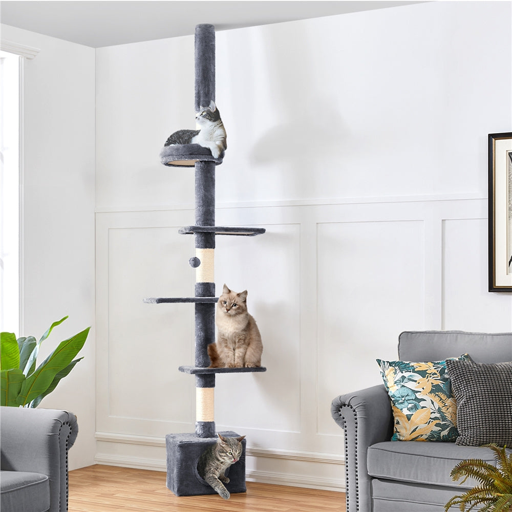 Árbol para gatos Costoffs de techo alto, altura ajustable de 226 cm a 266 cm, poste rascador multinivel con cama para gatos, plataformas y caseta