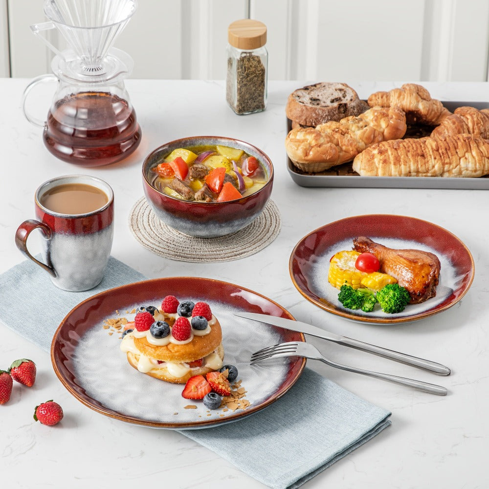 Juego de vajilla de gres de 16 piezas estilo moderno para 4 personas - Platos, cuencos y vajilla con esmalte cocido en horno, platos y cuencos redondos para comidas diarias, entretenimiento festivo, montaje de mesa elegante o uso comercial