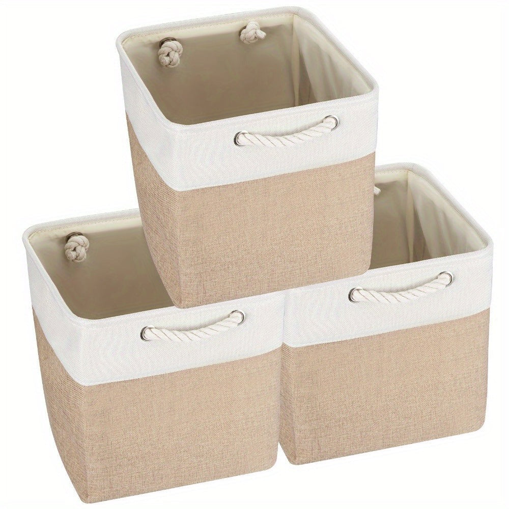 Organizador Plegable 3x con Asas Cesta de Almacenamiento de Tela para Estantes, Armarios y Alacenas Duradero y Ligero Organización del Hogar Color Caqui