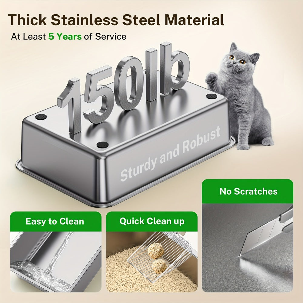 Bandeja de arena para gatos XXL de acero inoxidable con recinto desmontable, gran capacidad de 32L, incluye tapete XXL para arena de gato, pala metálica y escaleras para gatos mayores, apta para todos los gatos