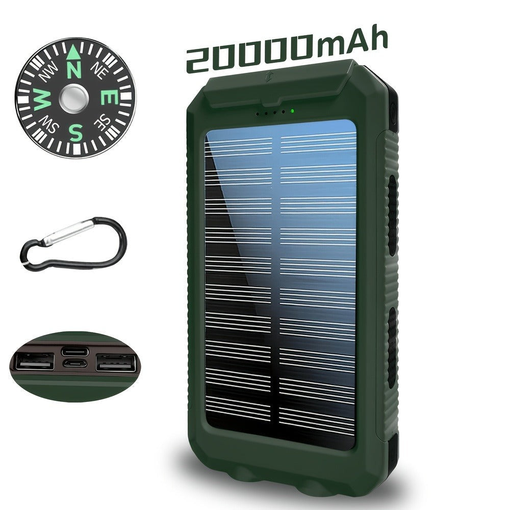 Batería Externa Solar Portátil de 20000Mah, Cargador Solar Portátil para Teléfonos Móviles, Cargador de Batería Externa para Camping para Teléfonos Móviles, 2 USB/ Linternas LED con Brújula para Actividades al Aire Libre