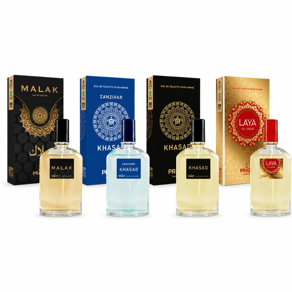 Perfumes Árabes Prady Pack 4 Unidades Hombre y Mujer – Fragancias Orientales Larga Duración MALAK, KHASAD, ZANZIVAR, LAYA – Eau de Toilette Elegante y Sensual