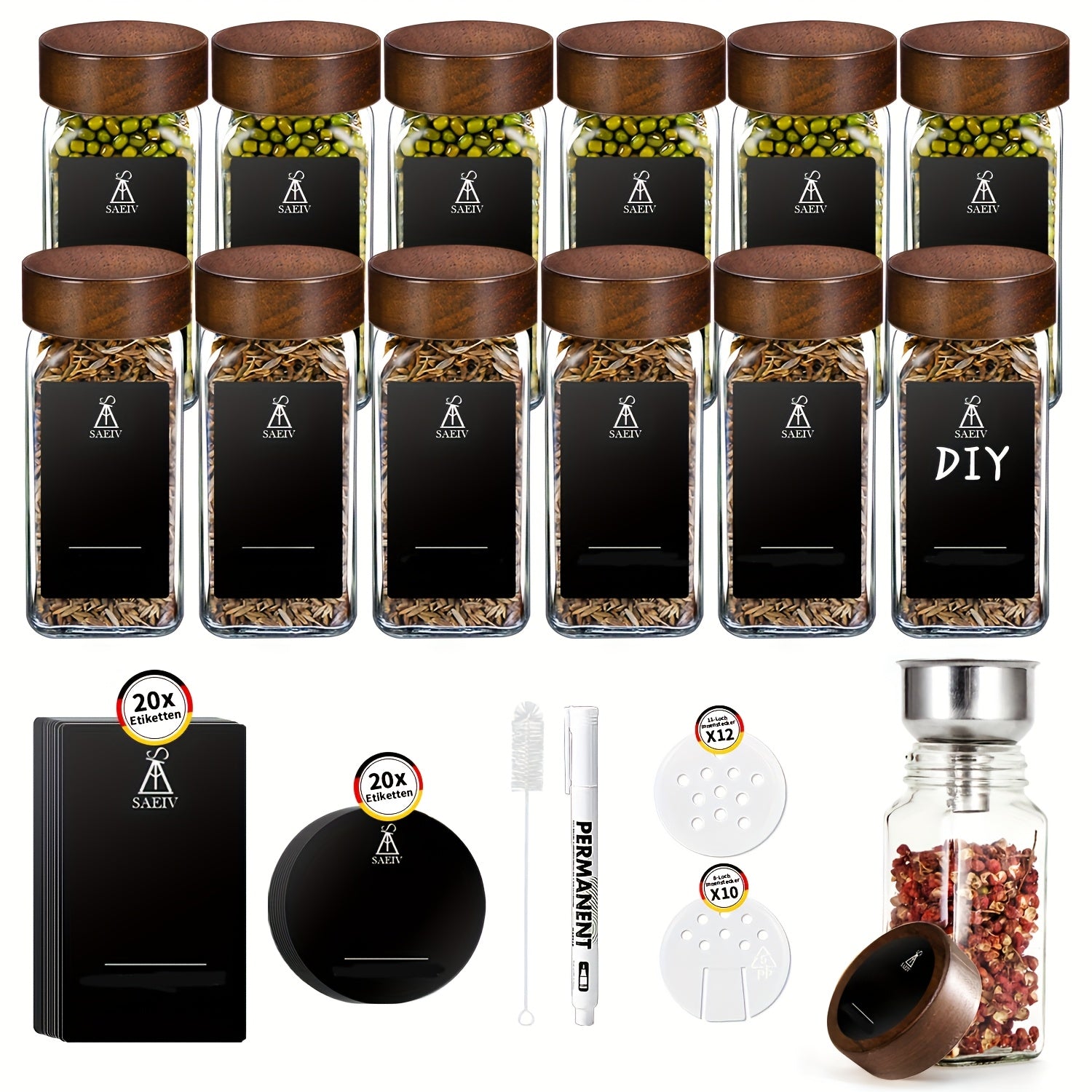 Set de Tarros de Especias Cuadrados SAEIV (Con Tapas): 12/24/35 Tarros de Especias (Con Etiquetas para Especias): Organizador Perfecto para Especias de Cocina, Vasos de 120 ml: Incluye Boquilla, Etiquetas, Cepillo de Limpieza y Colador
