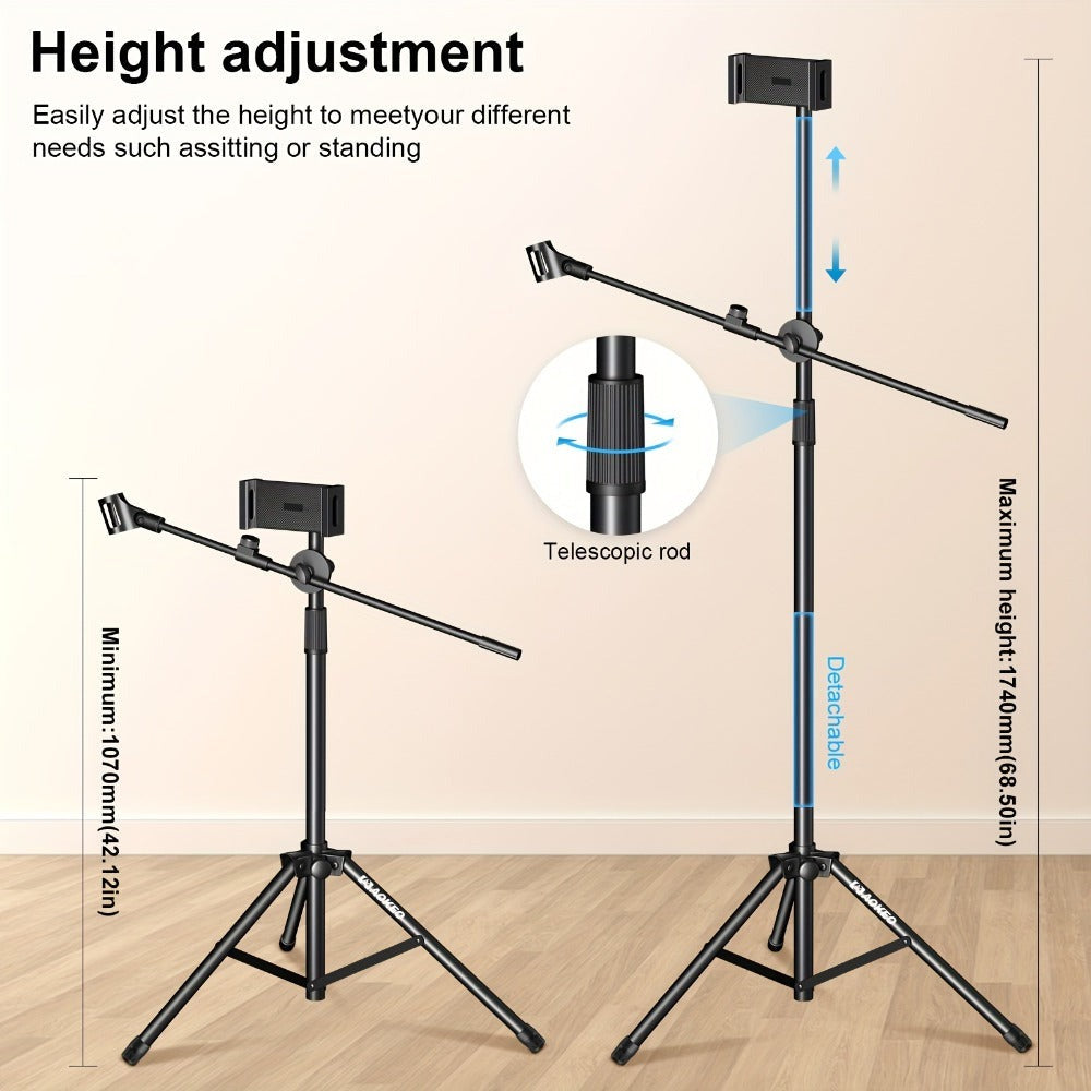 Soporte de Micrófono Profesional Aokeo con Trípode Ajustable, Soporte para Tableta y Bolsa de Transporte - Construcción de Hierro Negro, Conector XLR, Ideal para Actuaciones, Canto y Discursos, Equipo de Audio Profesional | Soporte de Micrófono Ajustable