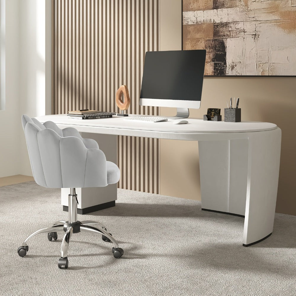 1 Silla de oficina para el hogar, Silla de escritorio, Silla de maquillaje, Silla de terciopelo con respaldo en forma de pétalo - Cómoda y hermosa, Silla giratoria con ruedas, Altura de silla ajustable, Base de metal, Fácil de montar