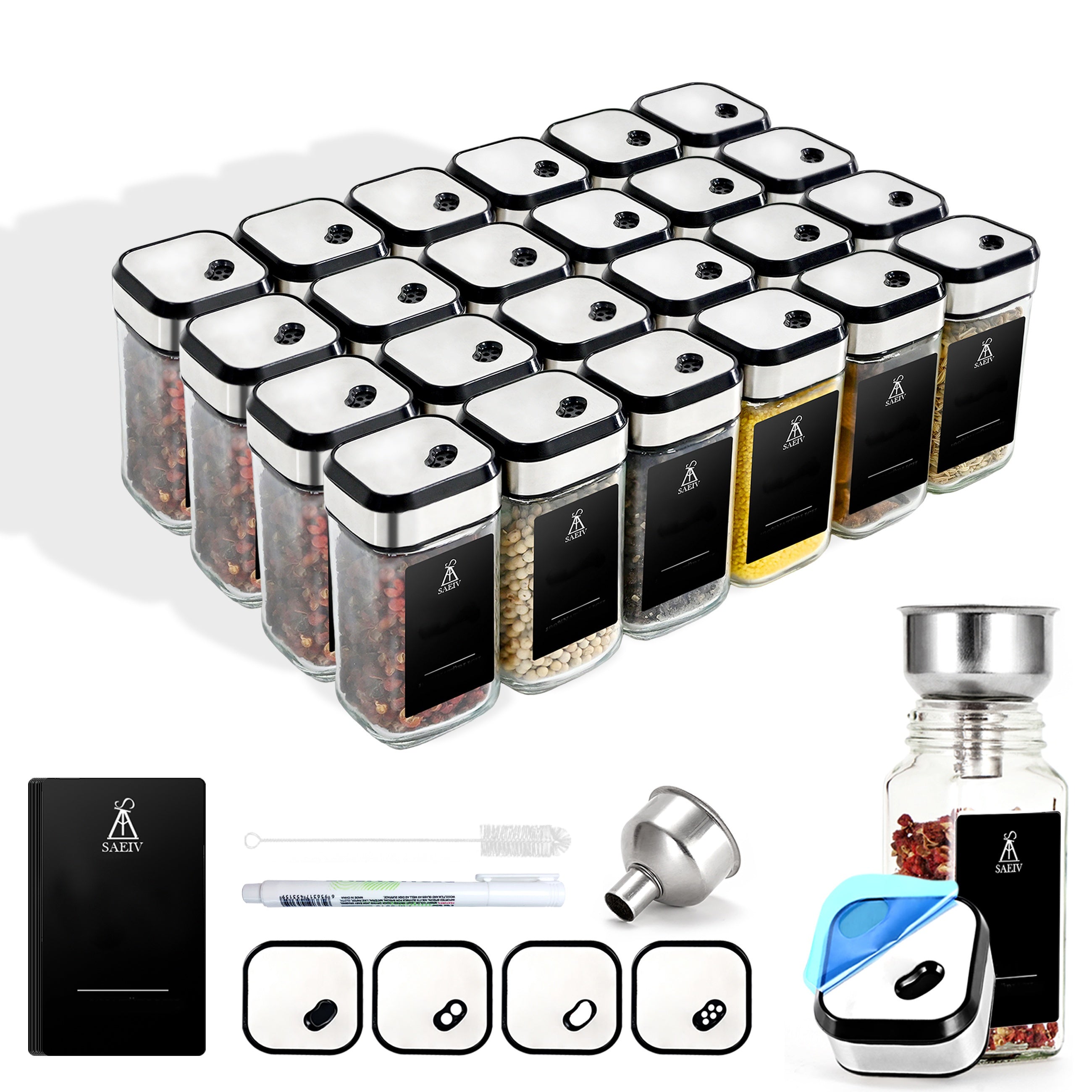 SAEIV Juego de Botellas de Vidrio Cuadradas para Condimentos 12/24 (con Tapa), Botellas de Vidrio, Botella de Especias de 120ml, Escala de Tres Capas con Rotación 360°, Elección Ideal para Almacenar Especias de Cocina