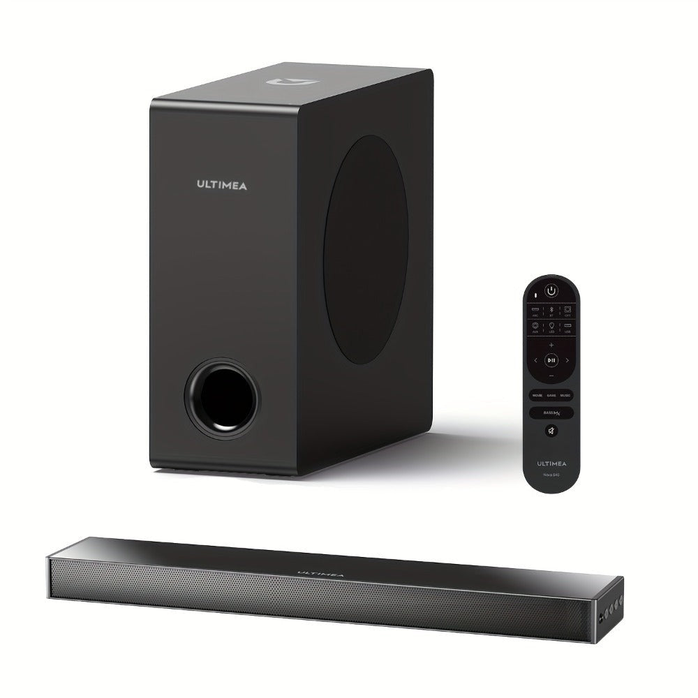 ULTIMEA Barra de sonido 2.1 canales para TV, Barra de sonido compacta para cine en casa con Bluetooth 5.3, Barra de sonido con subwoofer con cable, 160W de potencia máxima, Realce de graves, Incluye control remoto, Barra de sonido ultrafina Nova S40 (Reno