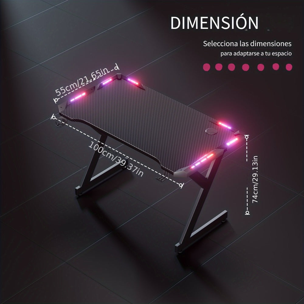 Escritorio gaming resistente en forma de Y con luces LED RGB duales, mesa de ordenador con portavasos y gancho para auriculares, superficie ergonómica de fibra de carbono, mesa para gamers para oficina en casa, dormitorio, negro