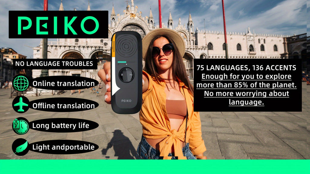 Dispositivo de traducción de lenguaje bidireccional portátil PEIKO con auriculares - Traducción de voz en línea instantánea, 75 idiomas, alta precisión, carga por tipo C, diseño compacto para viajes, negocios, aprendizaje, herramienta de traducción de via
