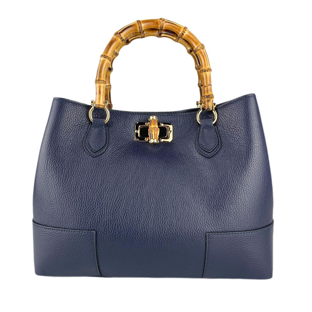 Bolso de cuero real con asas de bambú hecho en Italia, bolso de mujer, bolso de bambú de cuero