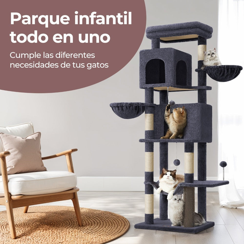 Árbol para Gatos de 175 cm, Torre Multinivel, 2 Niveles, 2 Hamacas, 5 Postes Rascadores, Cepillo, Plataformas, Regalos de Navidad