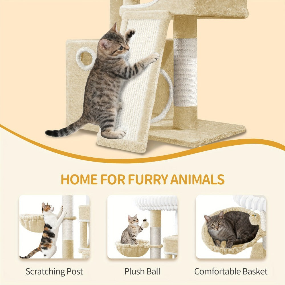 Torre para Gatos Pequeña, 98Cm de Alto, Espaciosa y Robusta, con un Perch Grande Suave, Juguetes de Felpa, Escondites, Postes para Rascar, Alfombrilla para Rascar Gatos, Disponible en Gris Claro/Gris Oscuro/Beige