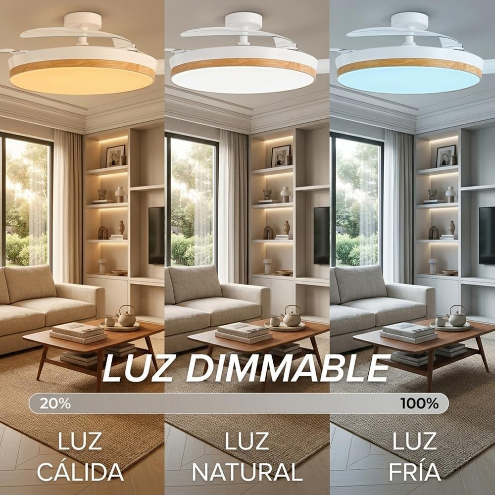 Ventilador de Techo con Luz LED Aspas Retráctiles, SPTO-2, 3 Tonalidades, Control Remoto, 6 Velocidades, Motor DC Silencioso, Temporizador, Sin WiFi