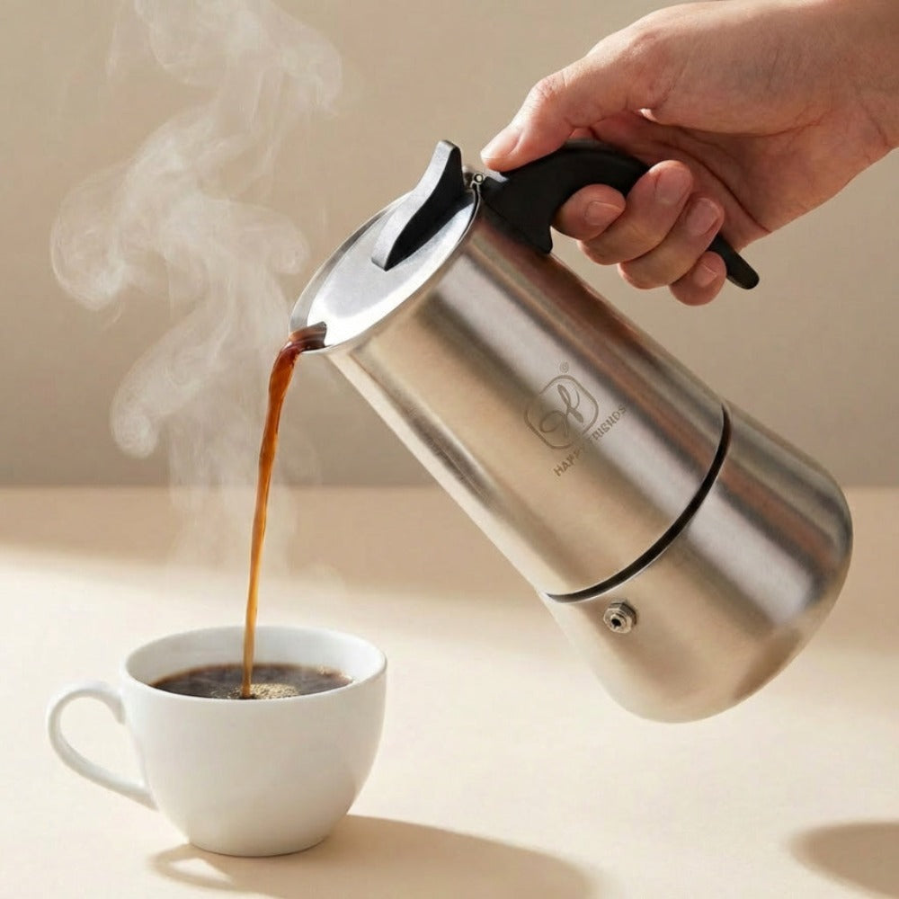 Cafetera Italiana de Acero Inoxidable para Espresso, Cafetera Moka Clásica, Mango Ergonómico de Agarre Frío, Ideal para Gas y Eléctrica (No apta para inducción Vitrocerámica), 2-12 tazas- Happy Friends