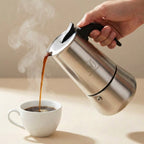 Cafetera Italiana de Acero Inoxidable para Espresso, Cafetera Moka Clásica, Mango Ergonómico de Agarre Frío, Ideal para Gas y Eléctrica (No apta para inducción Vitrocerámica), 2-12 tazas- Happy Friends