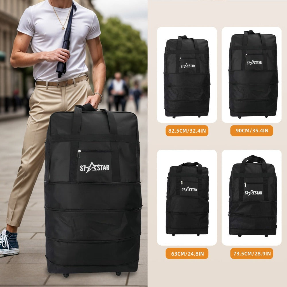 1 bolsa de viaje plegable de gran capacidad - Ligera, portátil, tela Oxford - Ideal para camping, senderismo, viajes familiares, eventos deportivos, escapadas de fin de semana, compras, mudanzas, con ruedas (negro)